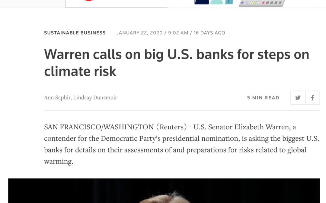 YNTR: Warren Calls on Big U.S. Banks for Steps on Climate Risk