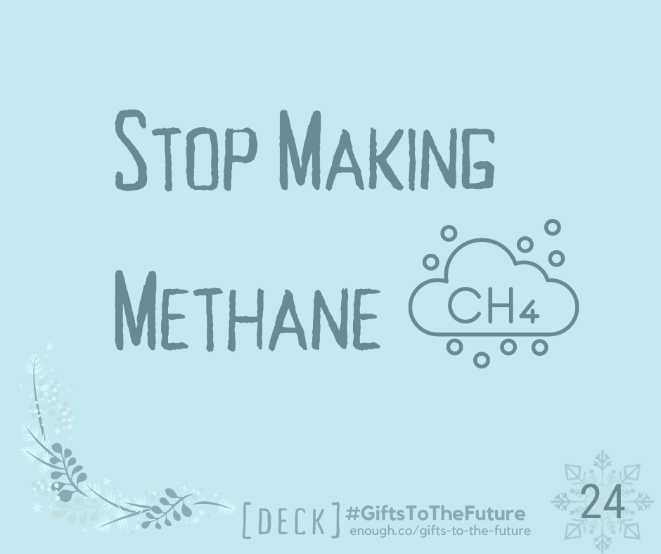 light blue wintry background "Stop Making Methane" a cloud, gas bubbles, and "CH4'. also: "[PLAN] #GiftsToTheFuture enough.co/gifts-to-the-future 24"