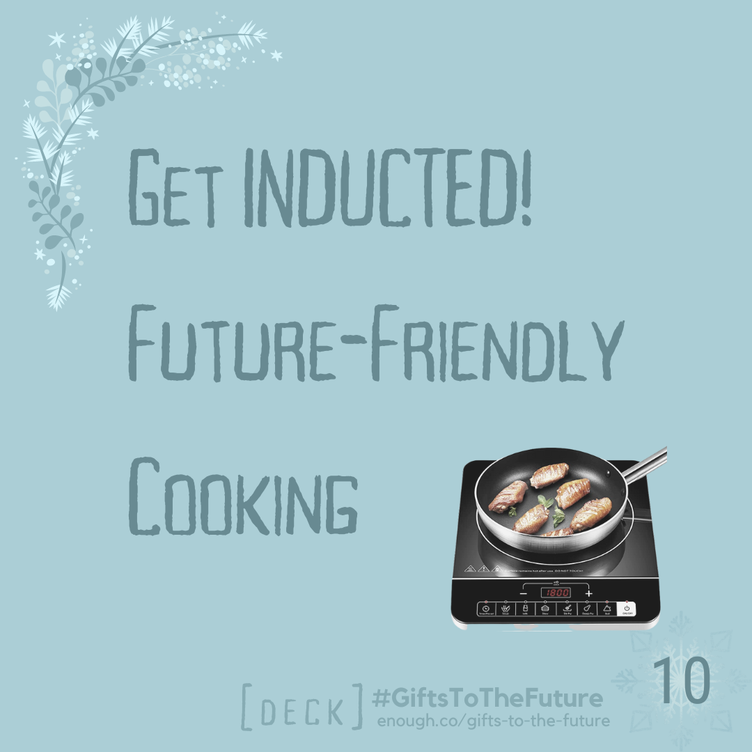 Soft blue background "Get INDUCTED! Future-friendly cooking #GiftsToTheFuture" 