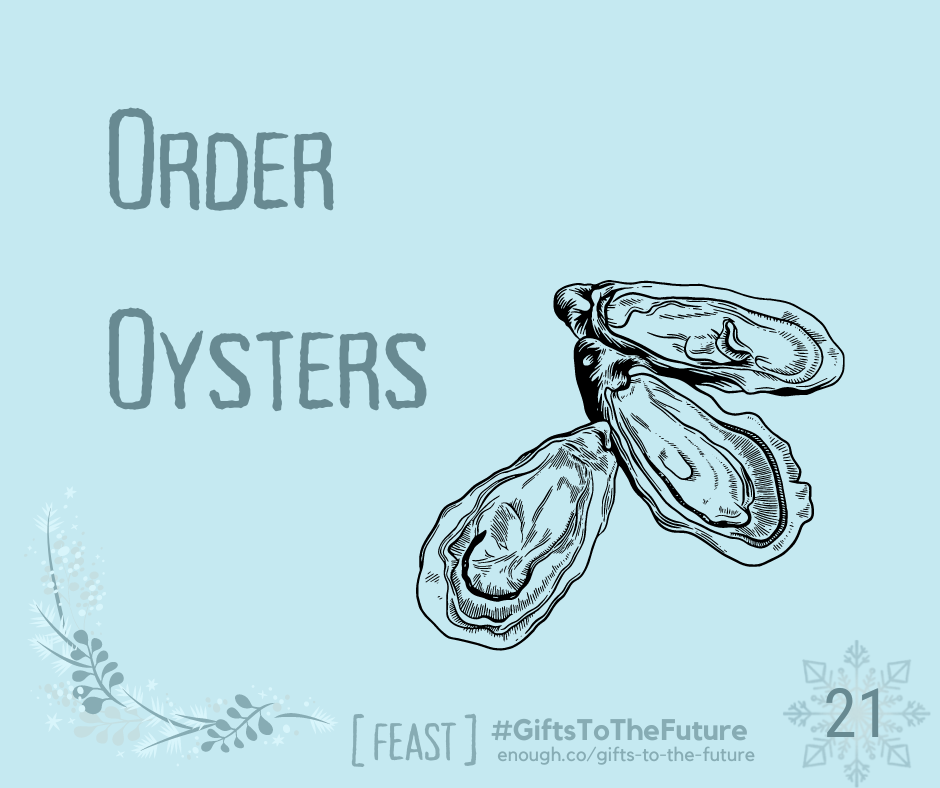 light blue wintry background "Order Oysters" sketch of 3 oysters. also: "[PLAN] #GiftsToTheFuture enough.co/gifts-to-the-future 21'